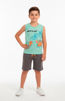 Conjunto Regata Estampado Infantil Menino Amigos do Mar Verde Claro com Bermuda Cinza