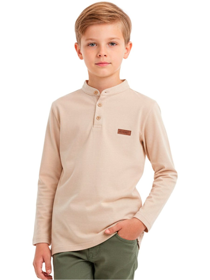Camisa Manga Longa Gola Padre Areia Infantil Menino