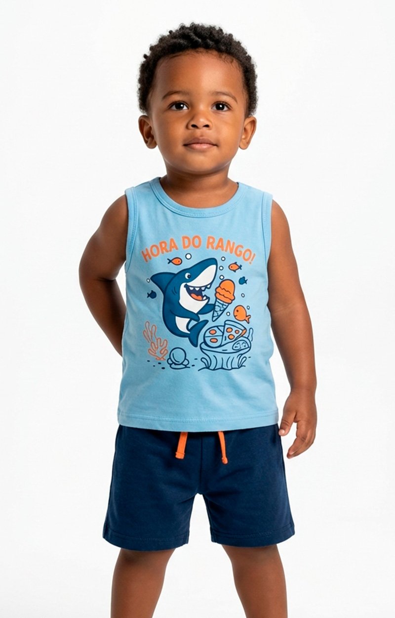 Conjunto Regata Estampado Infantil Menino Tubarão Hora do Rango Azul Claro com Bermuda Marinho