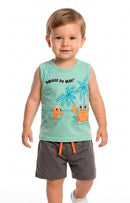 Conjunto Regata Estampado Infantil Menino Amigos do Mar Verde Claro com Bermuda Cinza