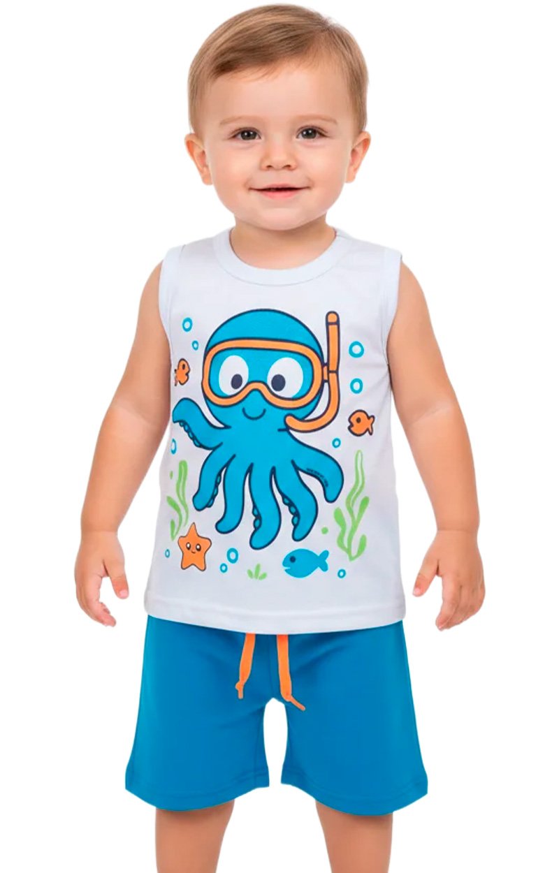 Conjunto Regata Estampado Infantil Menino Polvo Mergulhador Branco com Bermuda Azul