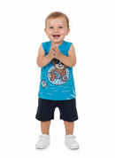Conjunto Regata Estampado Infantil Menino Pool Party Azul com Bermuda Marinho