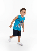 Conjunto Regata Estampado Infantil Menino Pool Party Azul com Bermuda Marinho