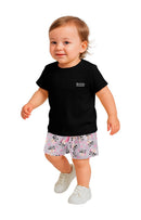 Conjunto Infantil Menina Preto com Bermuda Lilás Estampada Pandas