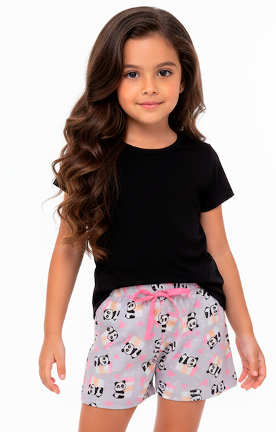Conjunto Infantil Menina Preto com Bermuda Lilás Estampada Pandas