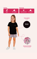Conjunto Infantil Menina Preto com Bermuda Lilás Estampada Pandas