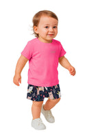 Conjunto Infantil Menina Pink com Bermuda Azul Estampada Lhamas – Algodão Confortável