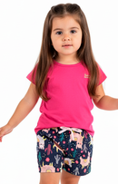 Conjunto Infantil Menina Pink com Bermuda Azul Estampada Lhamas – Algodão Confortável