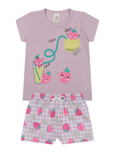 Conjunto Curto Verão Infantil Menina Moranguinhos – Lilás Xadrez com Margaridas