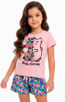 Conjunto Curto Verão Infantil Menina Verão Florido – Rosa e Azul Floral