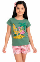 Conjunto Curto Verão Infantil Menina Flamingo Surfista – Verde Água e Rosa