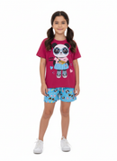 Conjunto Curto Verão Infantil Menina Fashion Panda – Pink e Azul