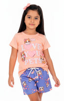 Conjunto Curto Verão Infantil Menina Love You Pets – Pêssego e Lilás
